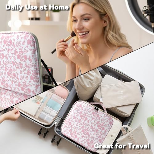 Travel Makeup Bag with LED Mirror Toiletry Bag for women with 10x magnifying glass (Red Flower / With LED Mirror and 10x Magnifying Glass)