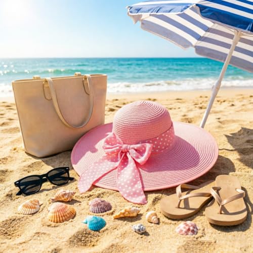 Wide Brim Sun Hat for Women Floppy Straw Hat Summer Beach Hats Fashionable Trendy Hats Sun Protection UPF 50+ (1 Pc: Pink With White Polka Dots)