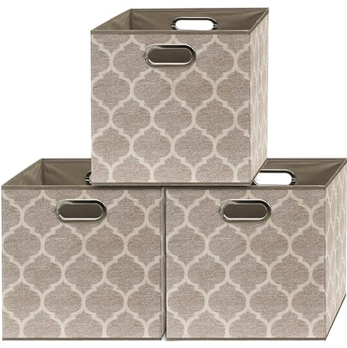 13 Inch Foldable Cube Storage Bins with Handles (3 Pack - 13" x 13" x 13" / Beige)
