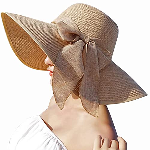 Women Wide Brim Bow Straw Hat Floppy Foldable Beach Sun Hat Roll up Cap UPF 50+ (Khaki /Normal Edge)