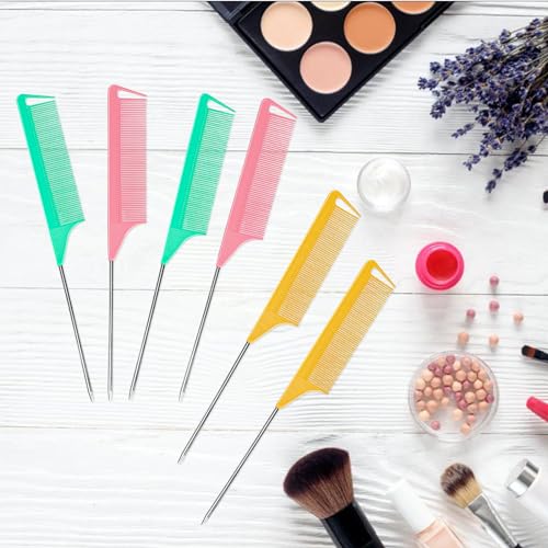 6 PCS Rat Tail Hair Parting Combs (Pink+Yellow+Green)