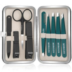 Tweezers Set 9 Pcs Nail Clipper Kit with Case for Eyebrows Grooming (E-green)