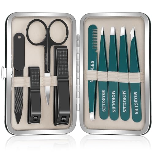 Tweezers Set 9 Pcs Nail Clipper Kit with Case for Eyebrows Grooming (E-green)