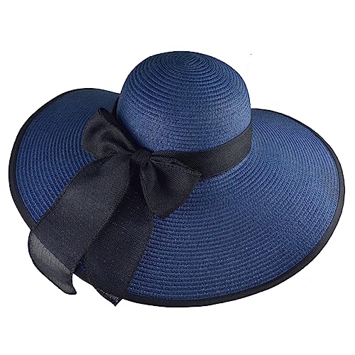 Womens Big Bowknot Straw Hat Floppy Foldable Roll up Beach Cap Sun Hat UPF 50+ ACA Navy (Aca Navy /Normal Edge)