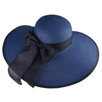 Womens Big Bowknot Straw Hat Floppy Foldable Roll up Beach Cap Sun Hat UPF 50+ ACA Navy (Aca Navy /Normal Edge)