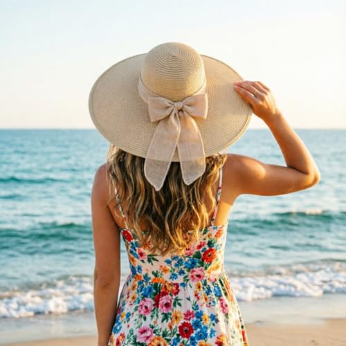Women Wide Brim Bow Straw Hat Floppy Foldable Beach Sun Hat Roll up Cap UPF 50+ Khaki (Aca Khaki 5.9' Brim)