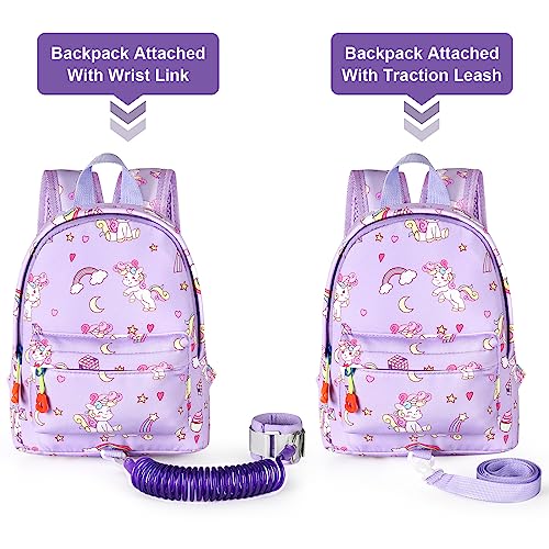 Toddler Backpack Leash with Anti Lost Wrist Link (Purple/Unicorn, Purple Link)