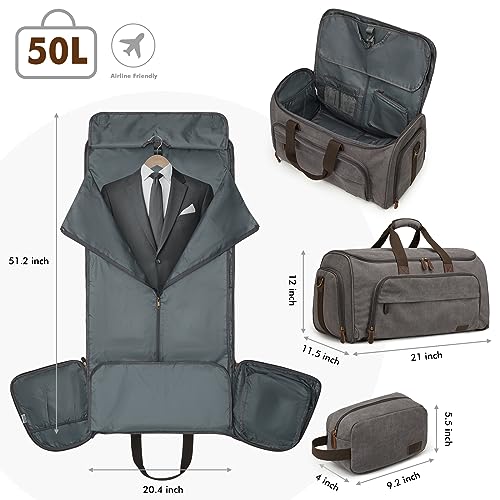 Carry On Garment Bag for Travel Convertible Garment Duffle Bag Suit Bags for Men Women Travel 2 in 1 Hanging Suitcase Business Travel Bag with Toiletry Bag (50l / Grey)