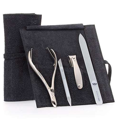 4pc Manicure Set (4-Pc: Clipper, Nipper, Glass Nail File / Black Suede Roll)