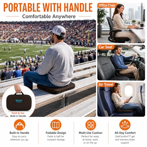 3-in-1 Foldable Gel Seat Cushion with Memory Foam Ergonomic Portable Cushion for Back Pain & Tailbone Relief - Perfect for Office Chair, Airplane Travel & Stadium Seats (18.5" x 15" x 2" Brown) (Brown)