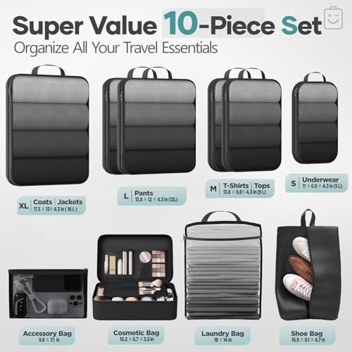 10 Set Compression Packing Cubes for Travel Essentials (Black(Makeup Bag) / 10 set)