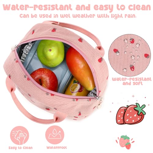 Lunch Bag for Women Men Cute Corduroy Lunch Tote Bags Reusable Insulated Lunch Box Large Capacity Reusable Insulated Cooler for Work Picnic or Travel (Corduroy strawberry pink / 10L)