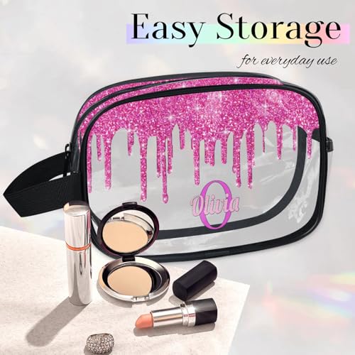 Custom Name Transparent Makeup Bag Travel (Deep Pink)