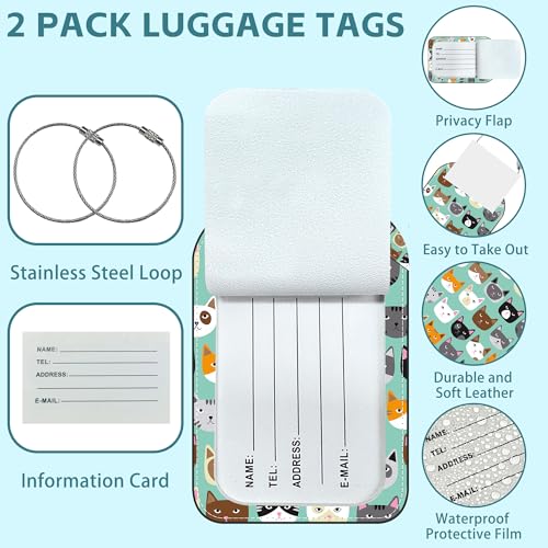 Cute Cat Animal Prints Luggage Tag for Suitcase Set of 2 PU Leather Cute Luggage Tags with Stainless Metal Loop ID Label Privacy Flap Suitcase Tags for Women and Men Travel (Cute Cat Animal Prints)