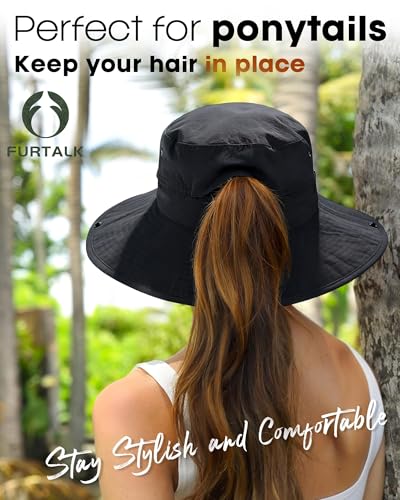 Sun Hats for Women Ponytail Wide Brim Summer Packable Cowboy Hat (One Size / Pure Black)