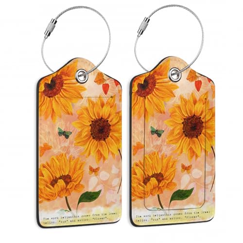 Sunflowers Luggage Tags Set of 2 Butterfly Retro Leather Suitcase Tags with Stainless Steel Loop and Privacy Cover for Women Men Travel Luggage Accessories (Sunflowers Butterfly Leaves Retro)