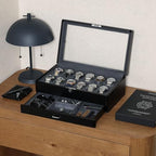 12 Slot Matte Black Watch Box with Valet Drawer (Matte Black / Grey Carbon)