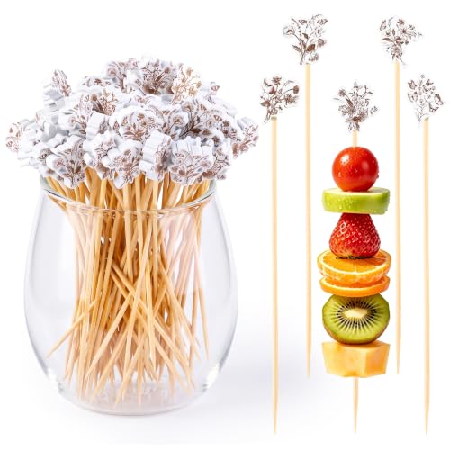 100 Pcs Brown Vintage Flower Cocktail Picks 4.7 In Floral Toothpicks (Brown Vintage Flower)
