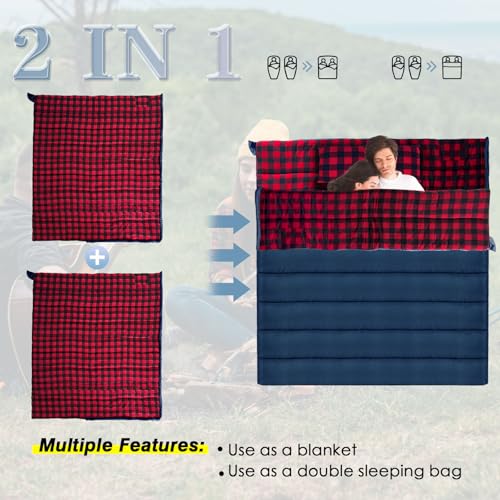 0 Degree Sleeping Bag Cotton Flannel Winter Cold Weather for Adults XXL Sleeping Bag 4 Season Big and Tall with Pillow Compression Sack (NAVY)