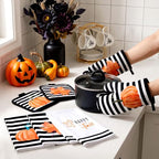 10 Pcs Fall Pumpkin Kitchen Decor Set Kitchen Towels Pot Holders Oven Mitts and Rugs Set Thanksgiving Towels for Baking Cooking BBQ Autumn Home (Black, White, Orange / Stripe Pumpkins)