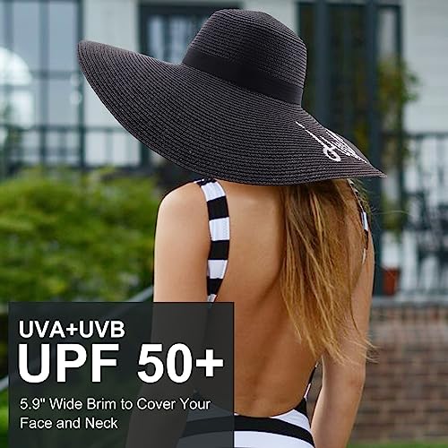 Womens Big Bowknot Straw Hat Floppy Foldable Roll up Beach Cap Sun Hat UPF 50+ (Ae Just Chillin: Black)