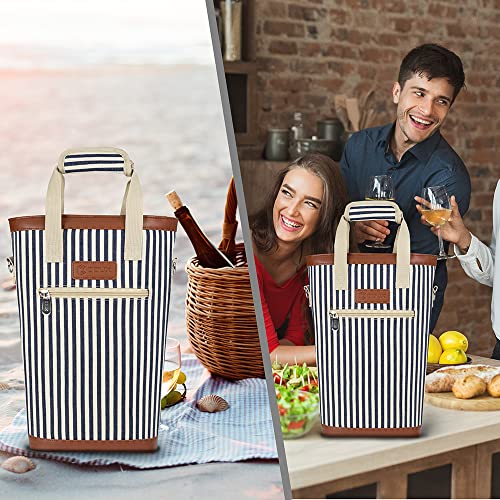 2 Bottle Wine Bag Carrier Insulated Leakproof Wine Cooler Navy Stripes (Navy Stripes)