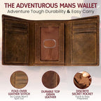 Best Leather Men's RFID Trifold Wallet With ID Great Outdoor Wallet Durable Top Grain Leather Crazy Horse (Adventure Brown - Vintage Crazy Horse)