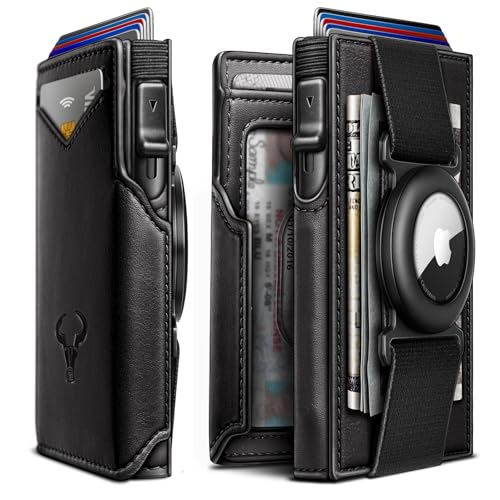 Men Airtag Leather Wallet Metal Case Money Clip (Black3429)