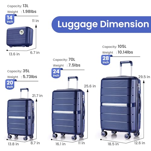 4 Piece Expandable Hardshell Pink Luggage Sets with Spinner Wheels (A#Navy Blue / 4 Piece Set)
