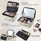 Makeup Bag with LED Lighted Mirror 12.2 IN Cosmetic Train Case Double Layer Makeup Case Adjustable Brightness in 3 Colors Cosmetic Organizer Artist Storage with Brush Holder Vanity Beige (12.2 Inch Beige / 0-Double Layer)