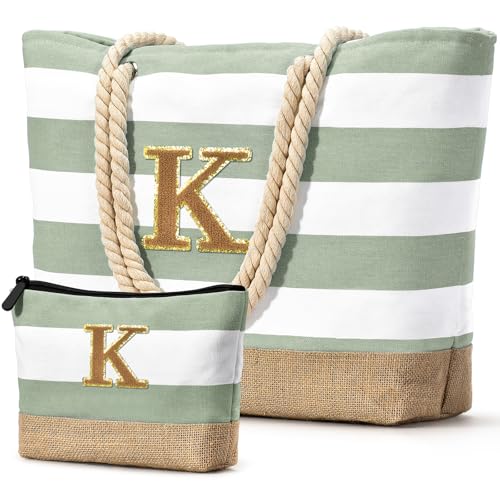 Beach Bag Initial Beach Tote with Makeup Bag for Travel (Light Green)