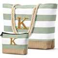 Beach Bag Initial Beach Tote with Makeup Bag for Travel (Light Green)
