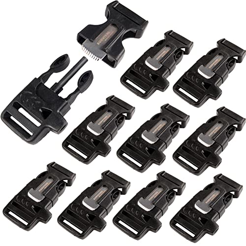 10Pack 3/4" (19mm) Fire Starter Survival Whistle Buckle Flint Scraper for Paracord Bracelet Key Lanyard Ourdoor Hiking Camping Backpack Bag Pets Collar DIY Travel Kits