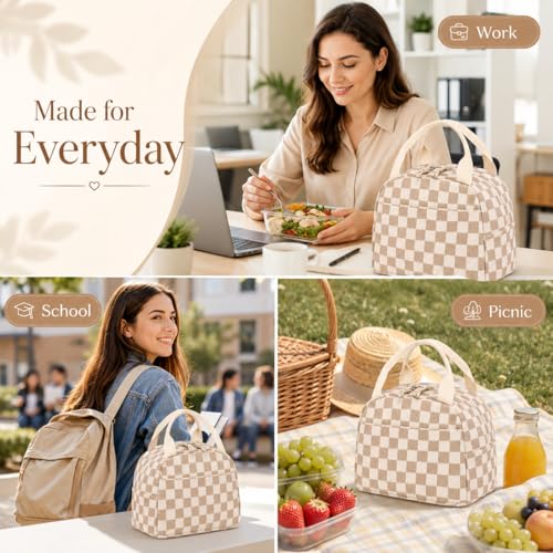 Lunch Bag for Women Cute Corduroy Lunch Tote Bags with Shoulder Strap Reusable Insulated Lunch Box Large Capacity Reusable Insulated Cooler for Work Picnic or Travel (A Corduroy checkered brown / 13L)