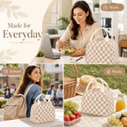 Lunch Bag for Women Cute Corduroy Lunch Tote Bags with Shoulder Strap Reusable Insulated Lunch Box Large Capacity Reusable Insulated Cooler for Work Picnic or Travel (A Corduroy checkered brown / 13L)