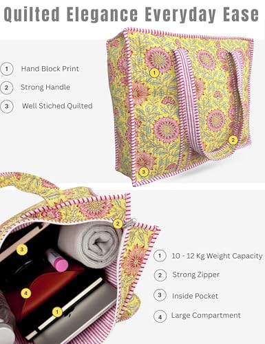 100% Cotton Quilted Tote Bag For Women (Lustrous Yellow Floral Print)