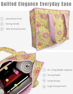 100% Cotton Quilted Tote Bag For Women (Lustrous Yellow Floral Print)