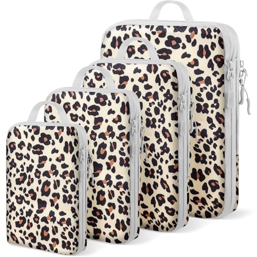 4 Set Compression Packing Cubes For Travel Bags Organizer For Luggage Suitcase Organizer (Brown Leopard / Set of 4)