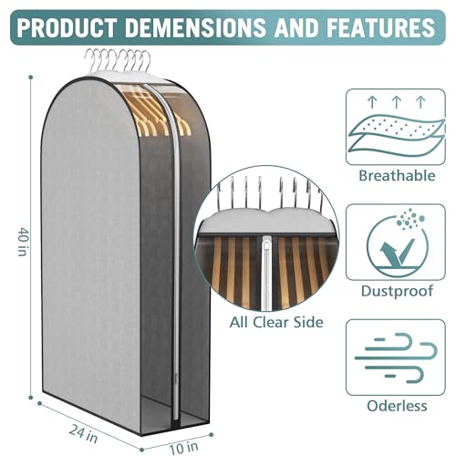 10" Gusseted Garment Bags for Hanging Clothes (Grey / 40 inch)