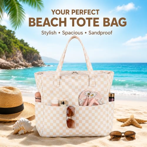 Beach Bag Waterproof Sandproof Women Beach Tote Pool Bag with Zipper for Gym Grocery Travel with Wet Pocket (Khaki White)