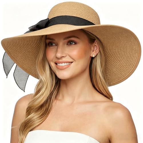 Women Wide Brim Bow Straw Hat Floppy Foldable Beach Sun Hat Roll up Cap UPF 50+ (Khaki (Black Band) /Normal Edge)