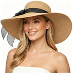 Women Wide Brim Bow Straw Hat Floppy Foldable Beach Sun Hat Roll up Cap UPF 50+ (Khaki (Black Band) /Normal Edge)