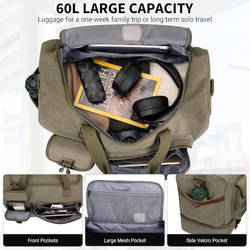 Duffle Bag for Men 60L Travel Canvas Weekender with Toiletry Bag (Army Green)