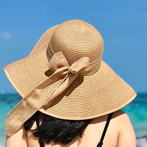 Women Wide Brim Bow Straw Hat Floppy Foldable Beach Sun Hat Roll up Cap UPF 50+ (Khaki /Normal Edge)