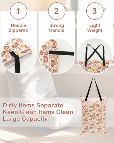 ALVABABY 2 Pack Large Wet Dry Bag Waterproof Hanging Cloth Diaper with Double Zippered Pockets 25x18 inches 2HL03 (Small Colorful Flowers and White Prints)