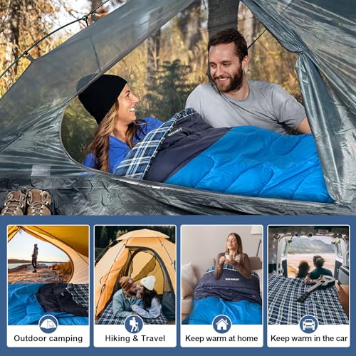 Cotton Flannel Double Sleeping Bag for Adults Machine Washable 2 Person Camping Sleeping Bag Queen Size Waterproof with Compression Sack for Cold Weather 3 (BLUE / Flannel)