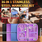 Manicure Set 16Pcs Professional Stainless Steel Pedicure Kit Mens Grooming Kit Fingernail & Toenail Clippers Set Manicure Kit with Luxurious Travel Bag (16Pcs-Purple)