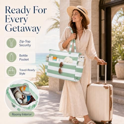 Waterproof Beach Tote Pool Bags for Women Ladies Extra Large Carry On Bag With Wet Compartment for Weekender Travel (Green White Stripe 5cm)