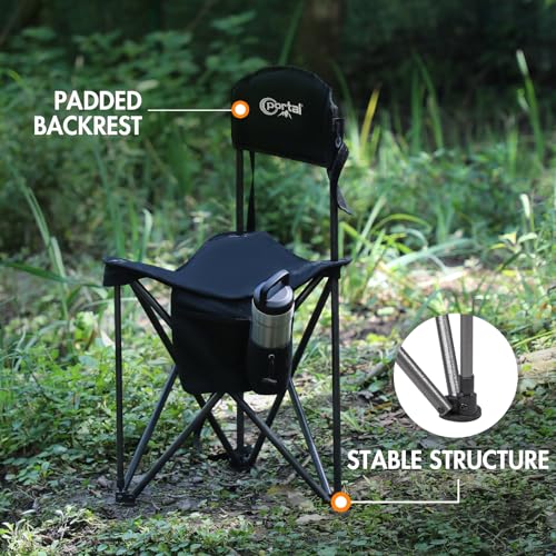 Extra Large Quick Folding Tripod Stool with Backrest Fishing Camping Chair with Carry Strap (Black)