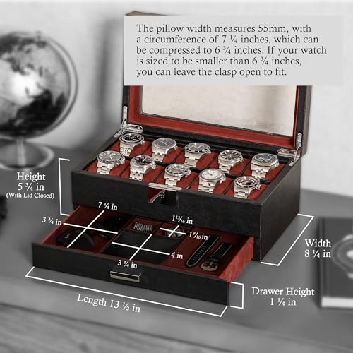 10 Slot Watch Box in Leather with Valet Drawer (Black/Red)